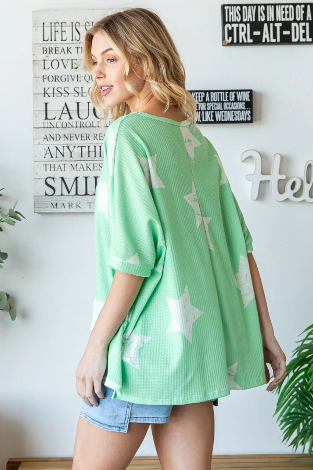 Light Green Star Pattern Oversized Waffle T-Shirt
