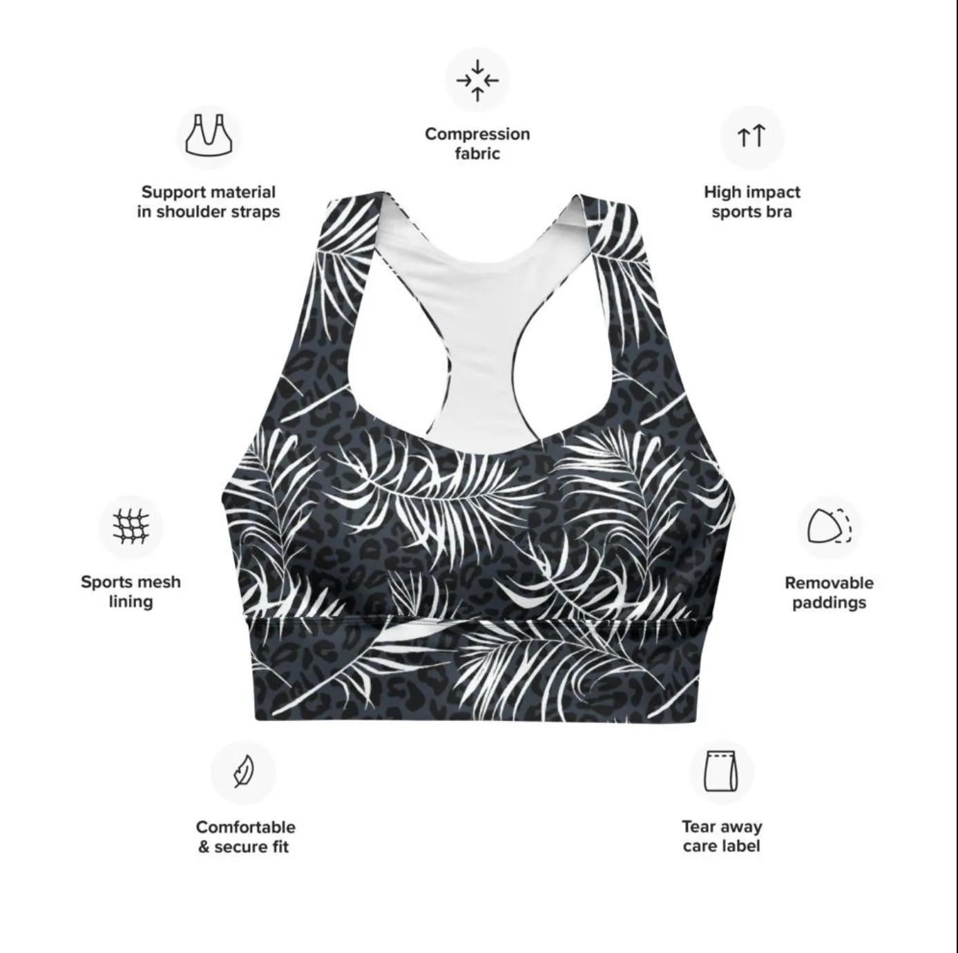 Longline Max Support Compression Sports bra- Palm Frond