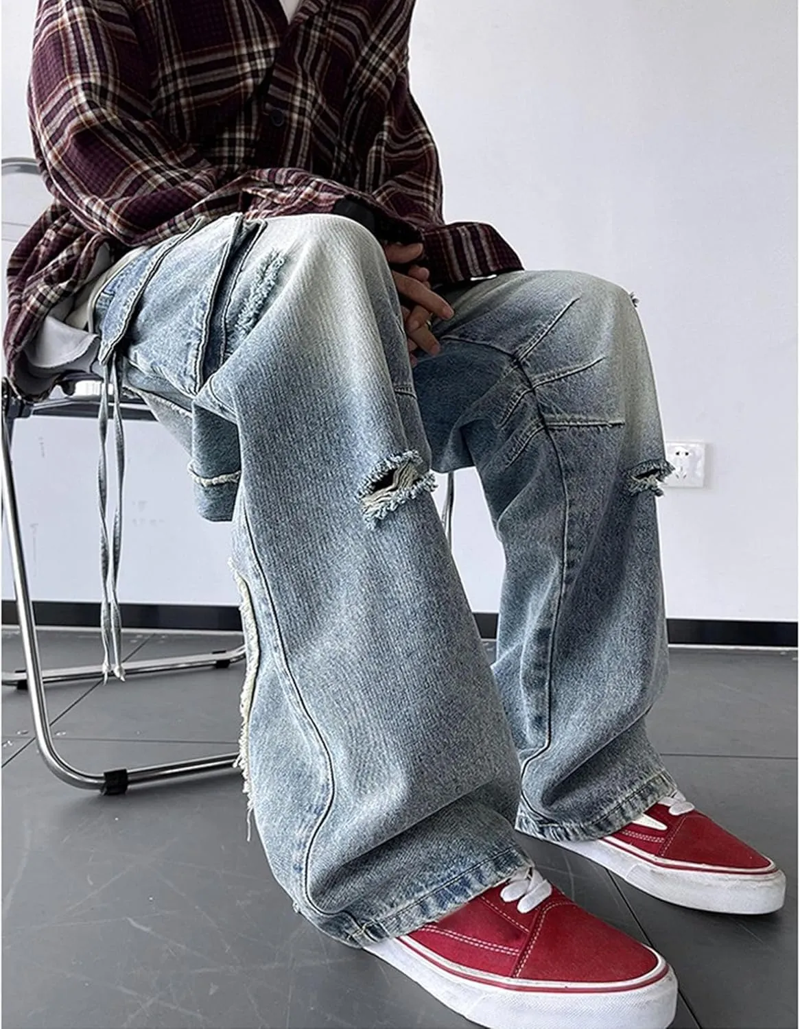 Men's Ripped Jeans Slim Fit Distressed Stretch Denim Pants Y2K Cargo Skinny Jeans for Men 2025