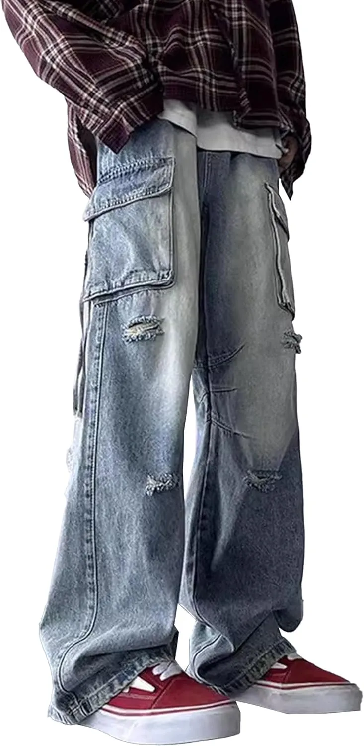 Men's Ripped Jeans Slim Fit Distressed Stretch Denim Pants Y2K Cargo Skinny Jeans for Men 2025