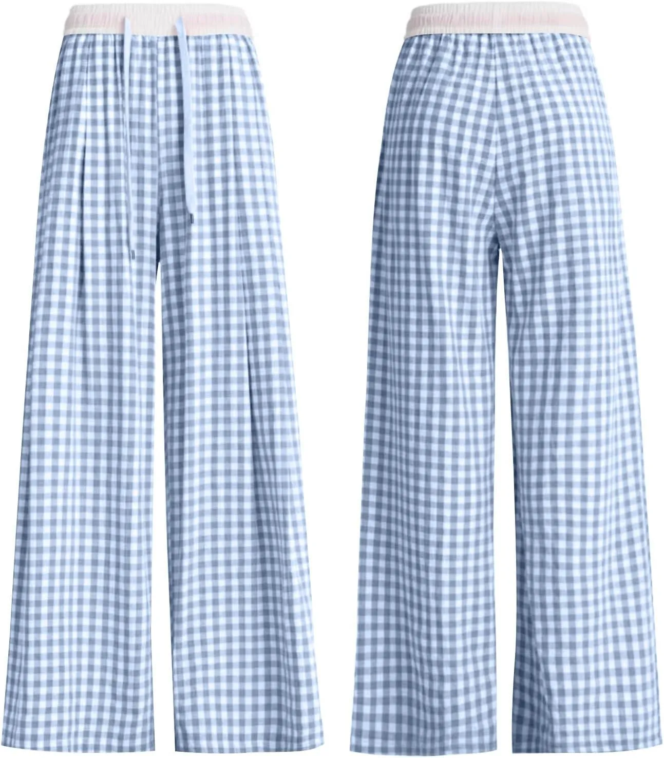 Women's Plaid Pants Summer Casual Trendy Loose Color Block Palazzo Pants High Waist Lightweight Flowy Beach Trouser