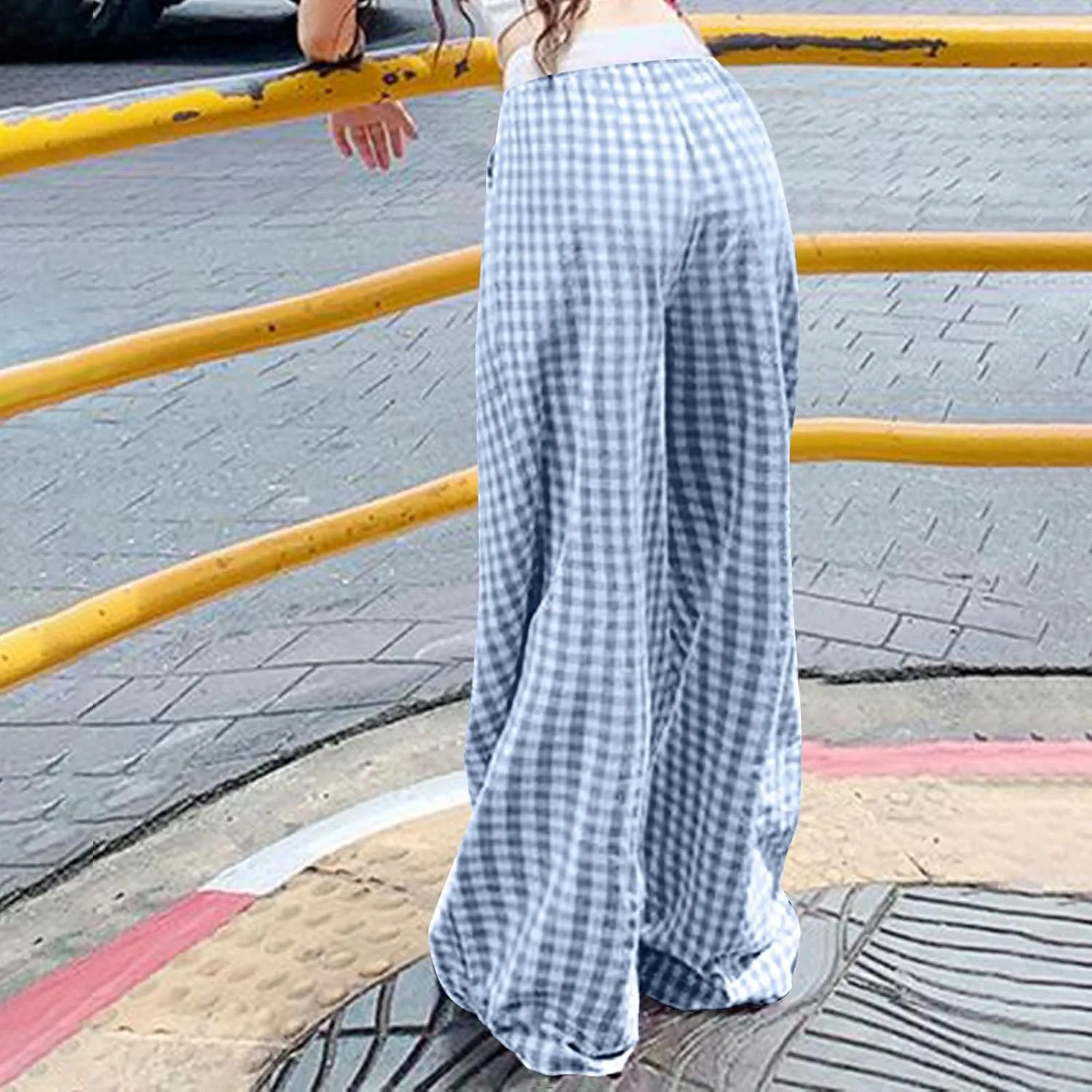 Women's Plaid Pants Summer Casual Trendy Loose Color Block Palazzo Pants High Waist Lightweight Flowy Beach Trouser