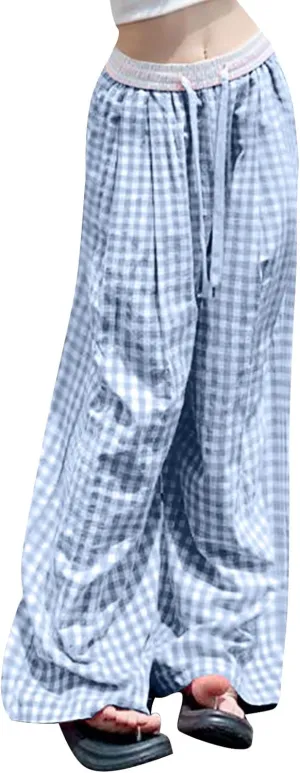 Women's Plaid Pants Summer Casual Trendy Loose Color Block Palazzo Pants High Waist Lightweight Flowy Beach Trouser